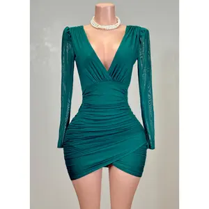 ROBIN GREEN MESH RUCHED TULIP WRAP V-NECK MINI DRESS