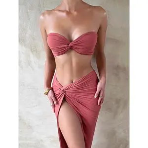 New styleMozision Elegant Strapless Sexy Two Piece Set Sleeveless And High Split Skirt Matching Sets Party Dress Sets