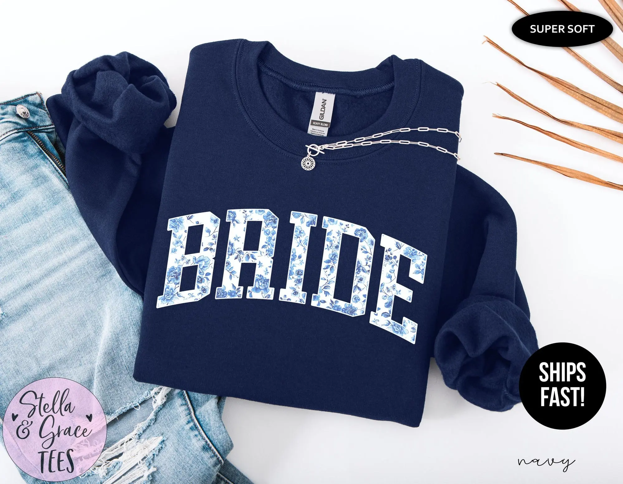 Blue Toile Bride Sweatshirt or Hoodie, Floral Bridal Pullover, Bride Gift, Retro Wedding Sweater, Cute Bride Graphic, Cozy Bride Crewneck