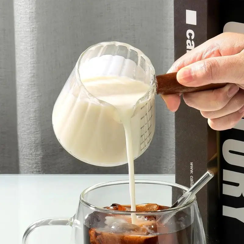 6 oz Glass Creamer Pitcher with Spout, Heat Resistant Measuring Cup with Wooden or Glass Handle Options