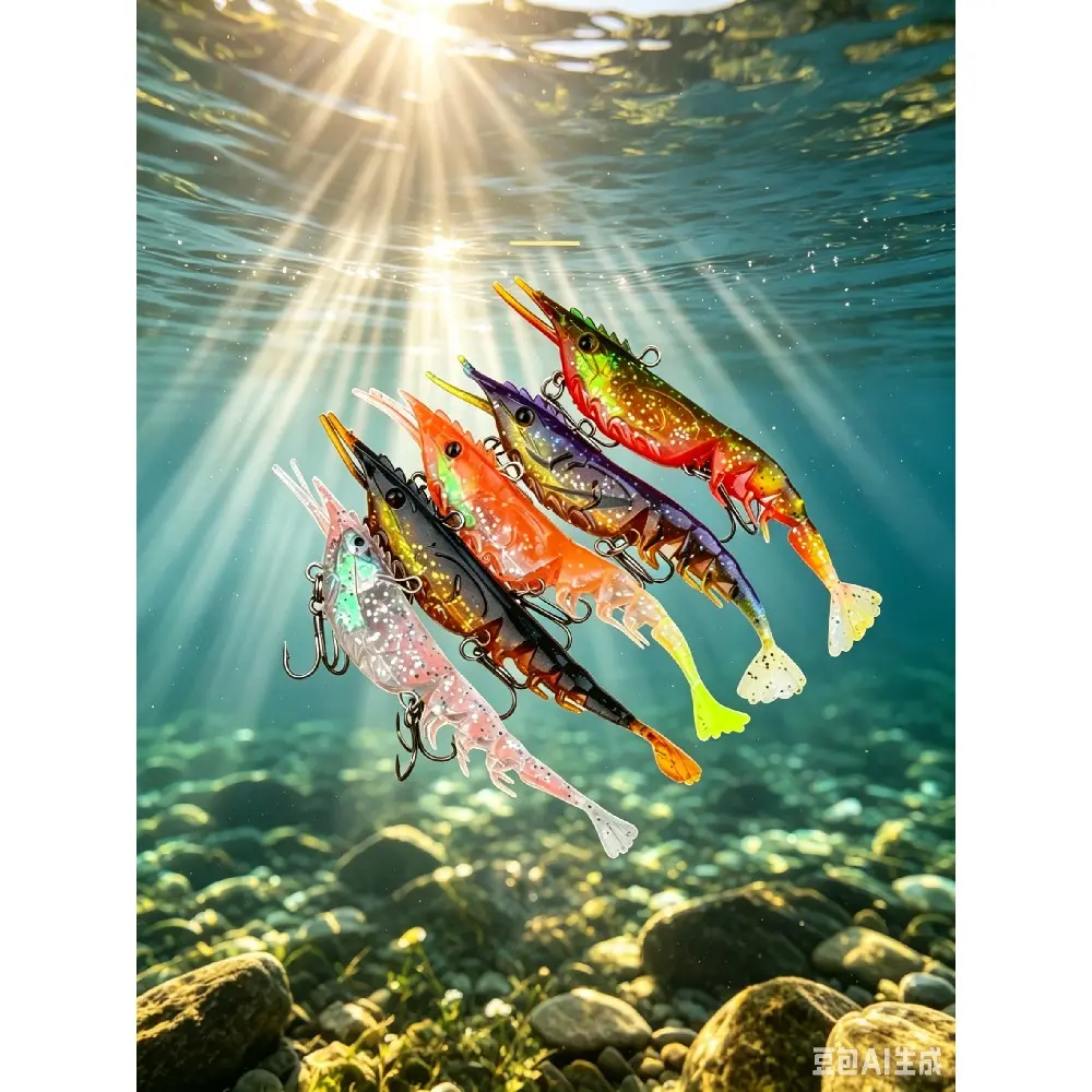 2 Pack Soft Shrimp Fishing Lures, Glitter Lifelike Prawn Swim Baits with Double Treble Hooks, Sinking Silicone Shrimp Lures for Saltwater Freshwater Bass Trout Redfish Snapper Fishing