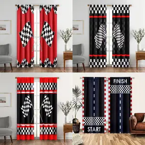 2pcs Decorative Racing Plaid Flag Curtains, Rod Pocket Drapes for Living Room and Bedroom, Semi-Transparent Polyester Panels
