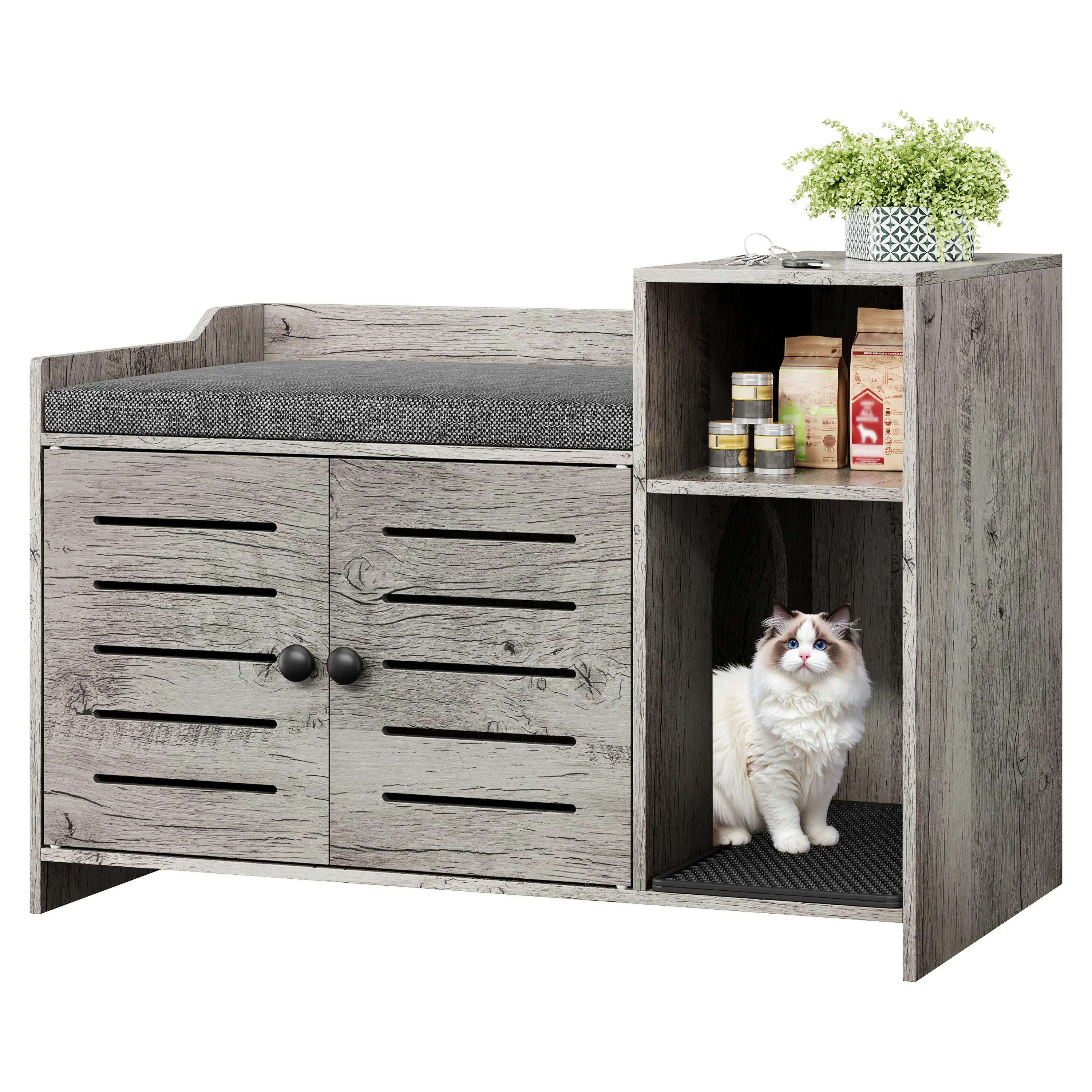 Farmhouse Style Hidden Litter Box Cabinet – Enclosed Cat Furniture with Mat & Shelf – Perfect for Indoor Use in Hallway, Bedroom, or Living Room – Discreet & Decorative