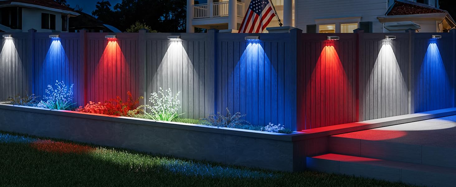Solar Fence Lights Outdoor 8 Pack, Warm White & RGB 9 Color Changing, Waterproof LED Solar Lights for Fence Post Deck Railing Patio Backyard Garden Decor