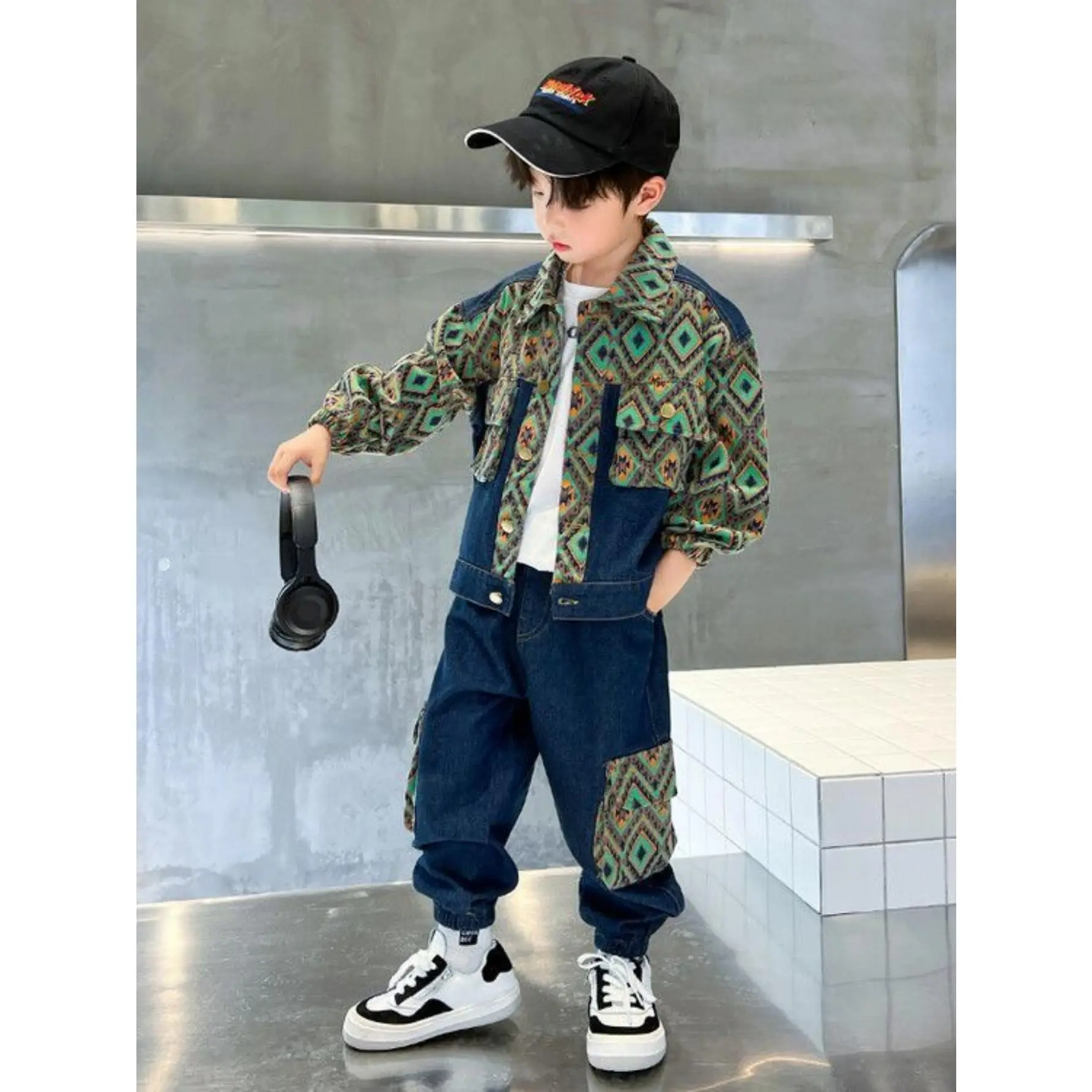 Boys' Spring and Autumn Denim Set, Workwear Style Patchwork Jacket and Pants Two-Piece Casual Stylish Outfit, Perfect for Outdoor-DY