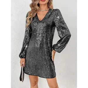 Women’s V-neck sequined party dress, fashionable evening dress, shiny formal dress, elegant women’s clothing for special occasions GARMENTARY