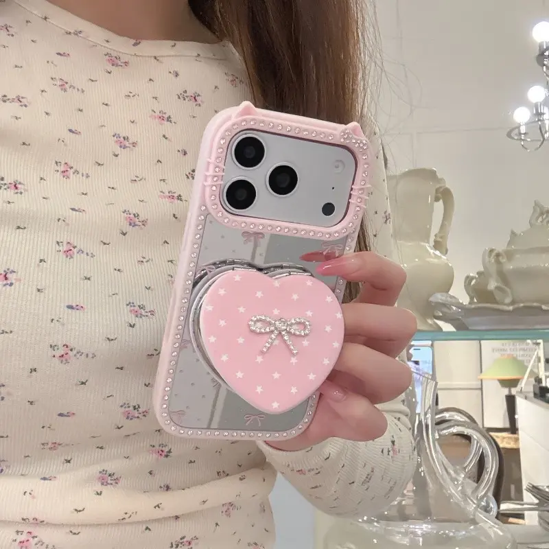 Summer Touch-Up Mirror Phone Case For iPhone 17 16 15 14 Pro Max – Full-Coverage Bow-Adorned Protective Case Phone Cover Casing