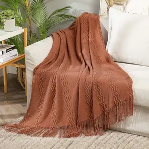 Knitted Boho Throw Blanket for Couch Textured Knit Terracotta Rust Blanket with Tassels Cozy Woven Farmhouse Blanket for Sofa Bed Chair Wave  Fall Decor 50"x60", Orange