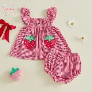 Baby Girl Summer Outfit Set, Red Gingham Ruffle Sleeve Top with Strawberry Patch + Bloomers Shorts, Cute 2PCS Cotton Baby Clothes for Daily Wear, Photoshoot & Baby Shower Gift