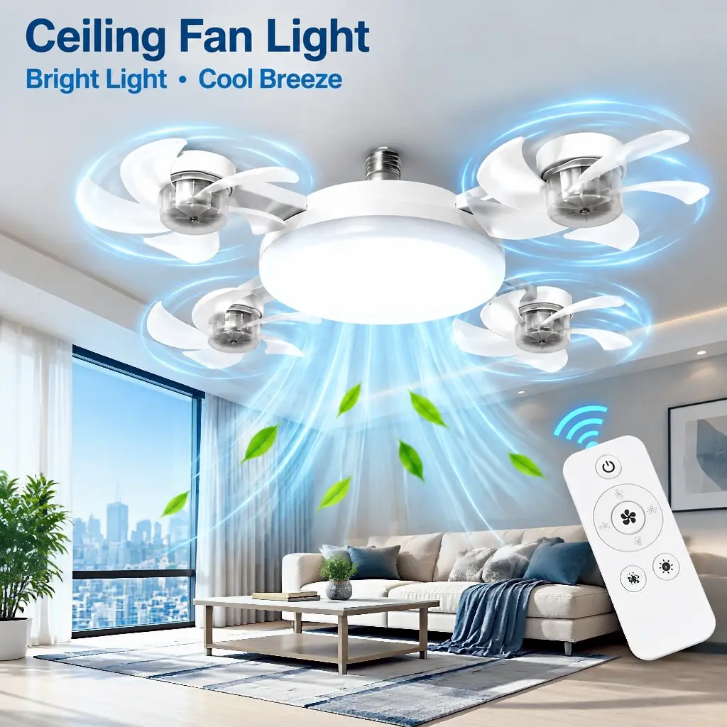 Socket Ceiling Fan Light with Remote Control, Multi Fan Heads LED Ceiling Lamp, Dimmable Lighting  Fan Light for Bedroom, Kitchen, Small Space Home Decor