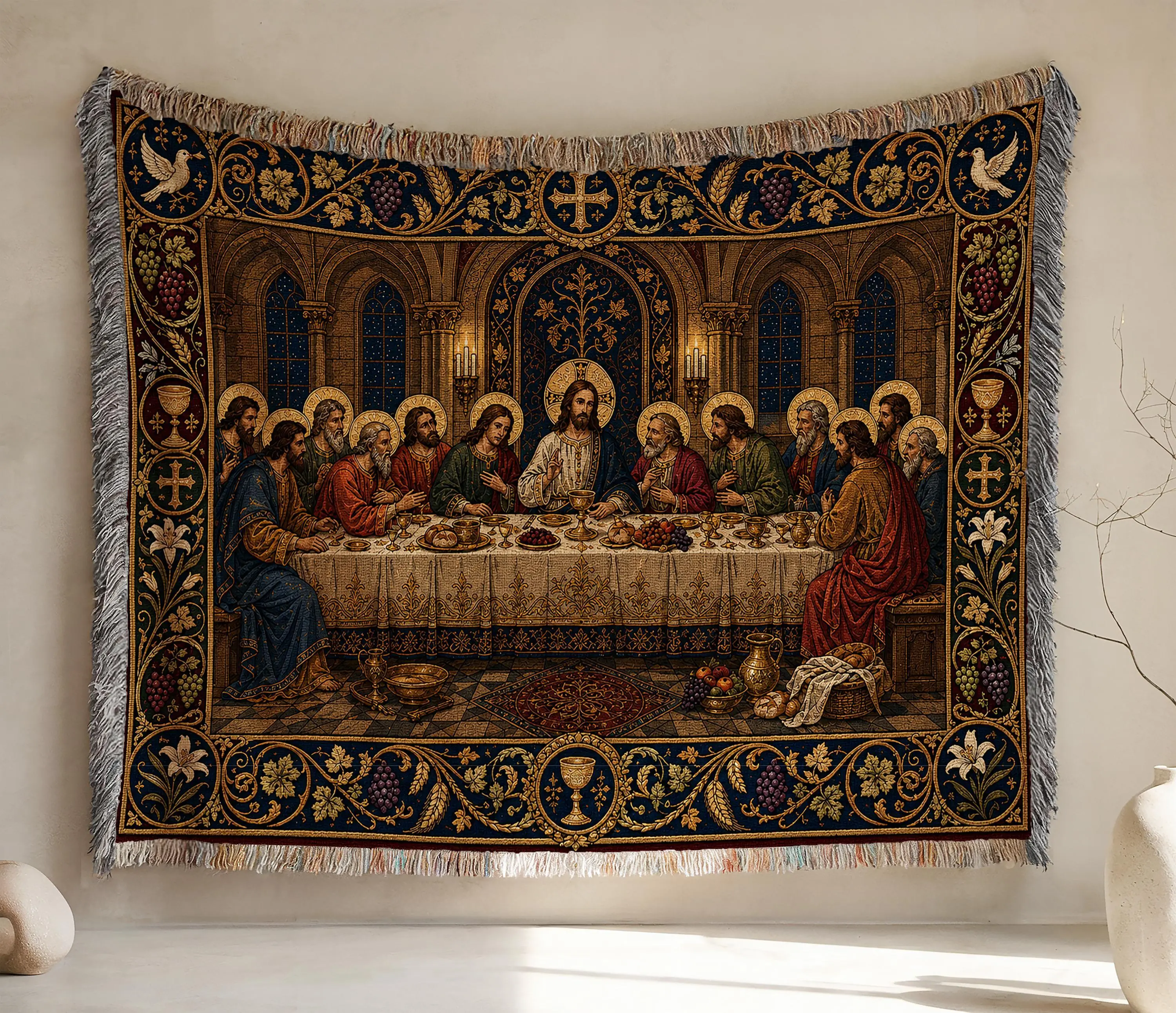 The Last Supper Woven Blanket, Jesus and Apostles Tapestry Throw, Medieval Communion and Sacred Chalice Scene, Religious Wall Hanging Gift