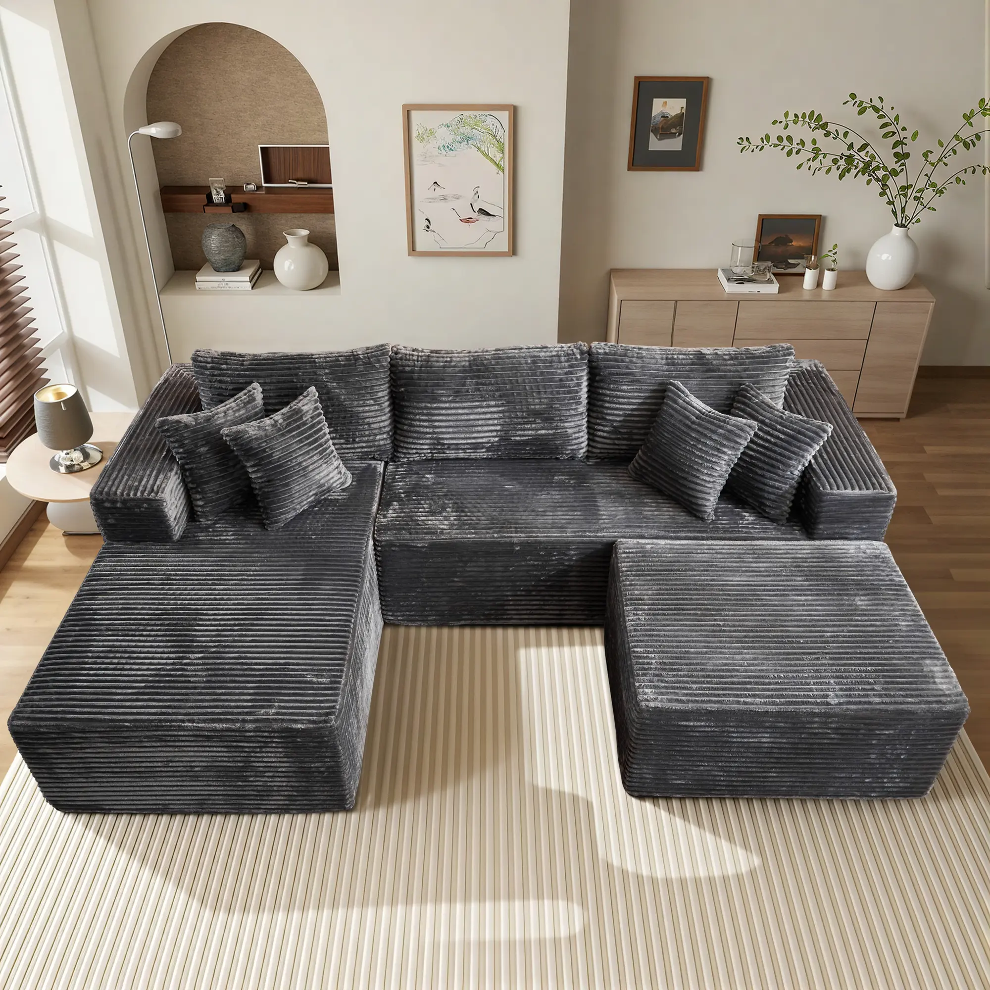3 Seat Grey L Shape Sofa Left Chaise & Ottoman