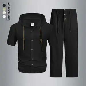 Men’s Summer 2-Piece Hooded Set — Short-Sleeve Shirt + Long Pants, textured fabric, drawstring waist, essential for outdoor leisure and everyday wear