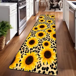 1PC， Yellow and Black Leopard Print Sunflowers Patterned strip rugs, home décor, bathroom mats, entryway mats, bathroom non-slip mats, indoor entrance rugs, bedroom bedside mats, kitchen mats, hallway rugs, flannel sponge rugs, hallway runner rugs