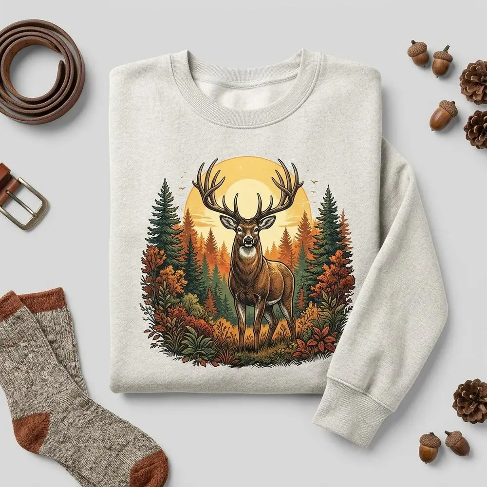 Vintage Deer Pullover Sweatshirt for Women, Retro Autumn Forest Cotton Blend Tops, Printed in the USA, Graphic, Long Sleeve, Hoodie, Polyester, Digital Print, All Seasons, Casual, Crew Neck, Fitted, Do Not Dry Clean, Longsleeves, Retro Vintage, Unisex