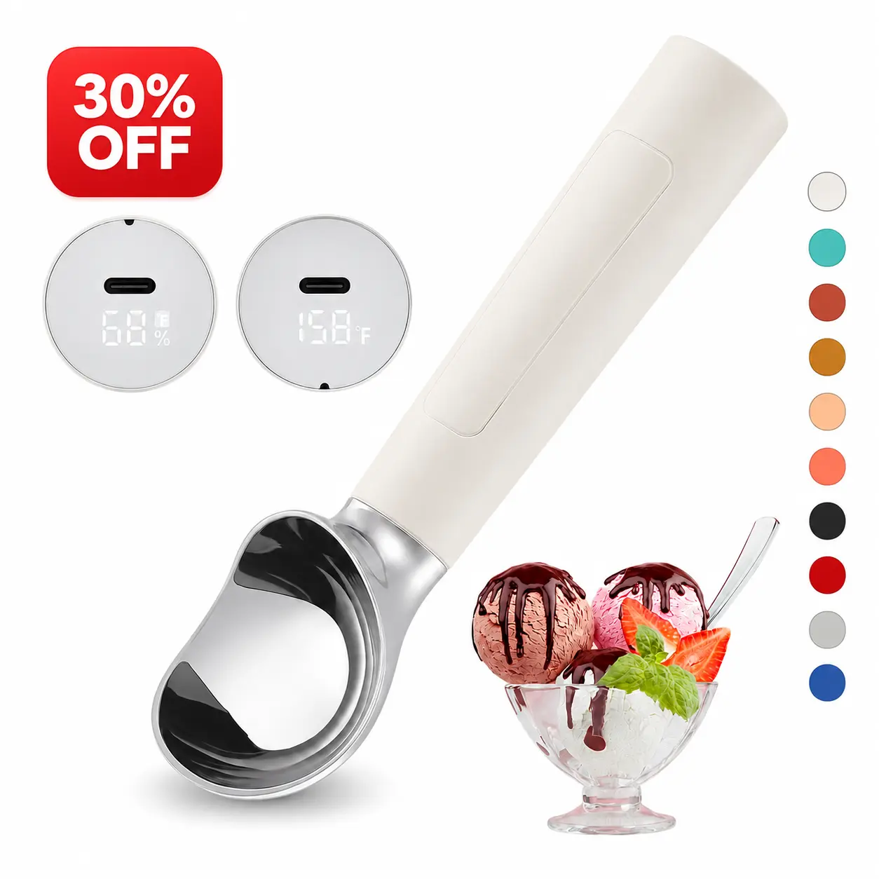 FrostJoy Rechargeable Heated Ice Cream Scoop - Stainless Steel Kitchenware, Waterproof Durable Kitchen Utensil with LED Display, Battery Level Indicator, USB-C Charging, Ergonomic Design for Hard Frozen Ice Cream, Gifts for Mom & Dad, Hand Wash Recommende