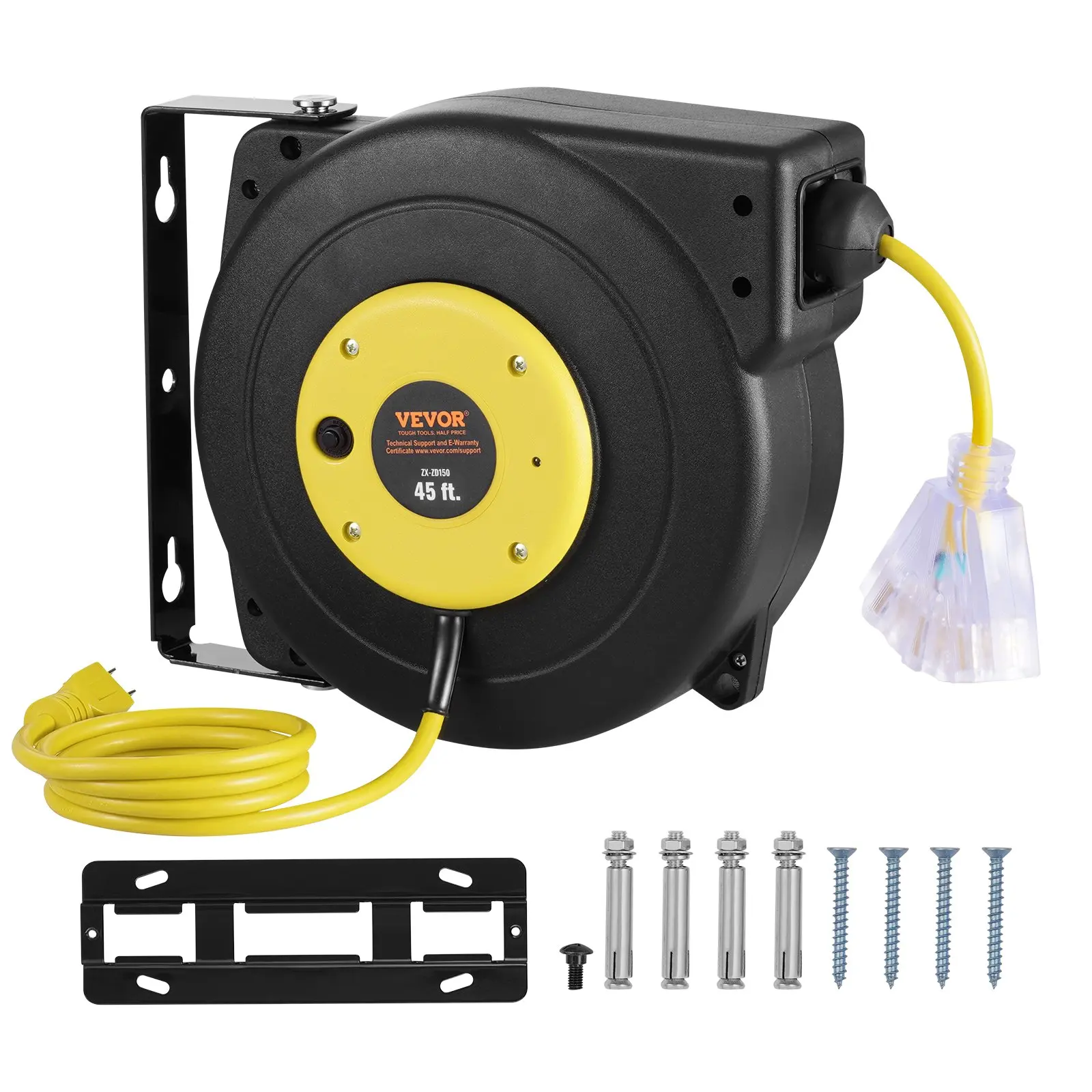 VEVOR Automatic Retractable Extension Cord Reel, 45 ft Heavy-Duty 12AWG/3C SJTOW, Water Resistant, AC 125V 15A 1875W, 4.5 ft Lead-In Cord, Lighted Triple Tap Outlet, PP Shell, 6.56 kg