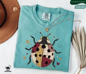 Faux Patchwork Ladybug Comfort Colors® T-Shirt, Vintage Animals Boho Shirt, Lucky Ladybug Tee