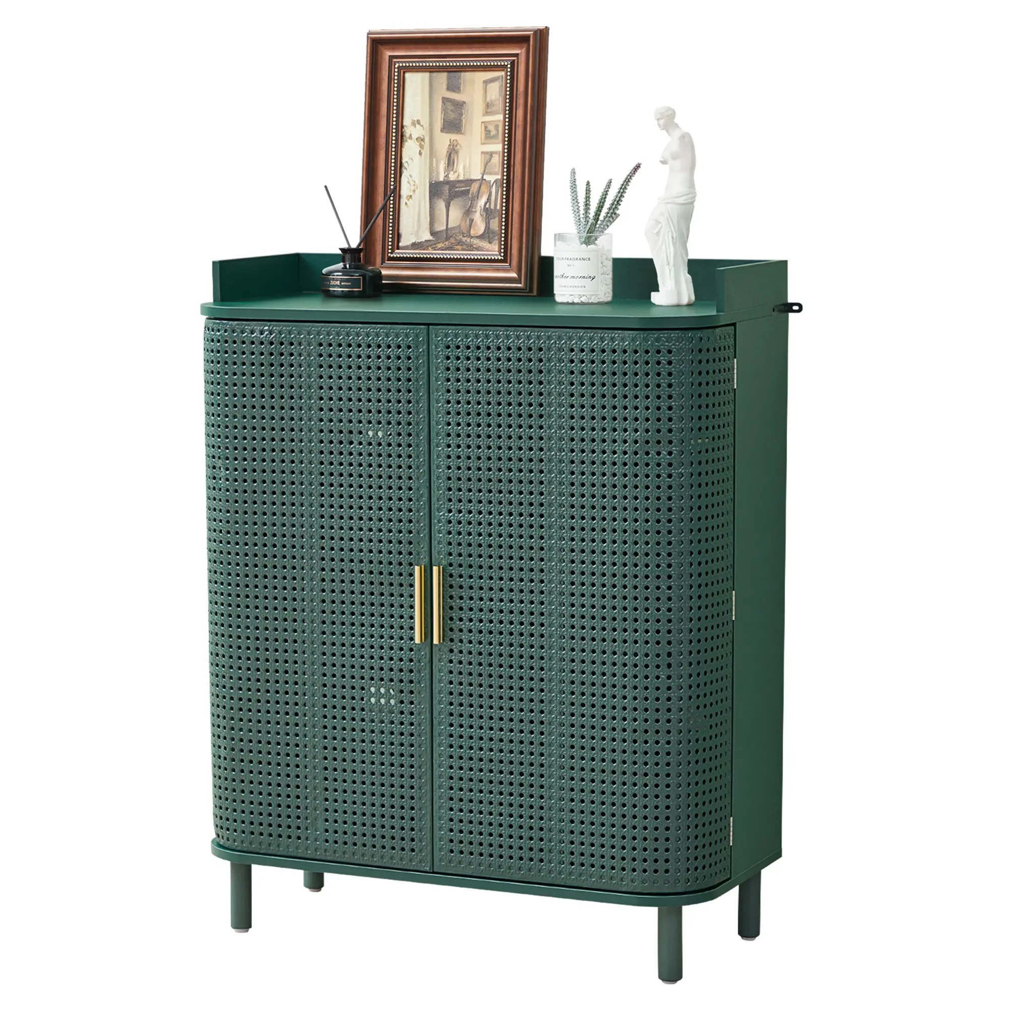 Giratree Shoe Cabinet, 5 Tier Boho Wooden Shoe Storage Organizer Cabinet with Adjustable Shelves, Shoes Rack with Iron Rattan Curved Doors Accent Cabinet for Entryway Hallway Living Room