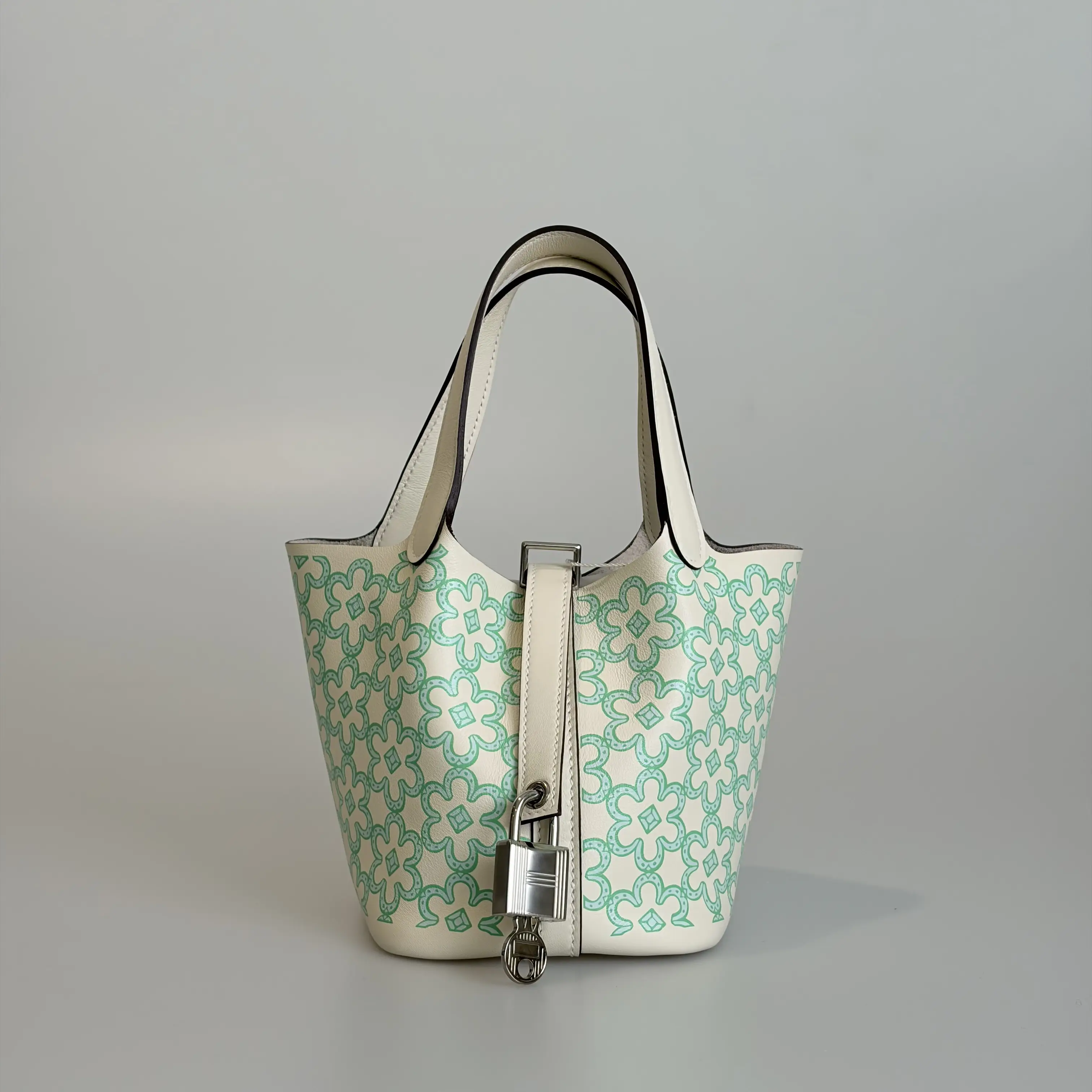 Pre-owned HERMÈS Swift Top Handle Bag Picotin Lock Micro 14 Lucky Daisy in Cream White With Mint Green Daisy Motif Silver tone Clasp 73356331 Sold As Is / Final Sale