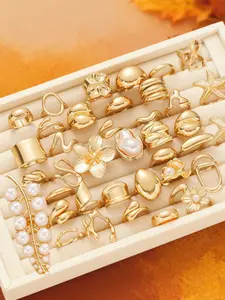 Women's Elegant Floral Faux Pearl Ring Set, Statement Multi Ring, Stacking Ring Set, Unique Style, All Season Fashion Accessory, Gift Jewelry, Perfect Gift for Parties and Birthdays