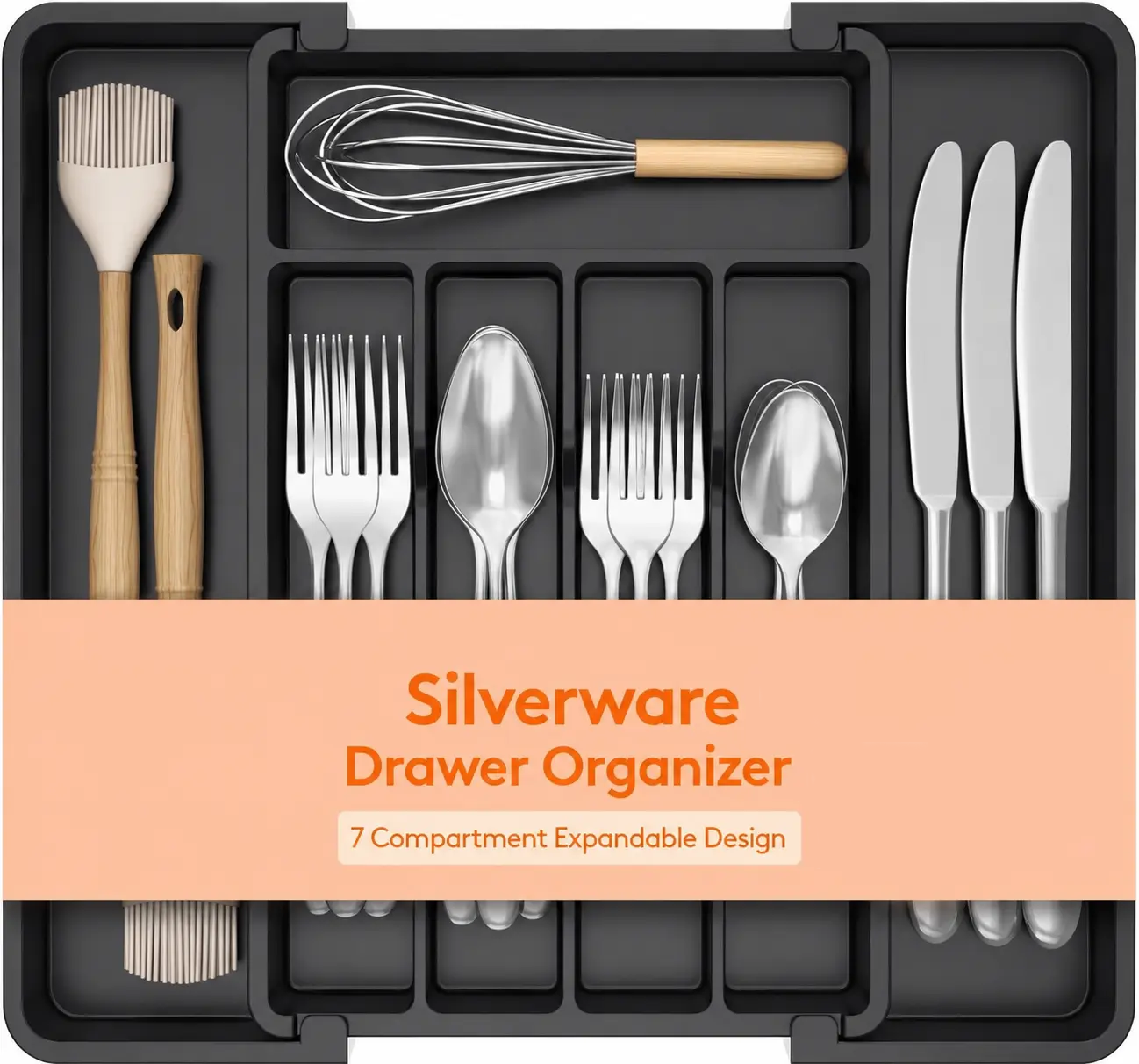 Expandable Silverware Organizer, Plastic Utensil Tray for Kitchen Drawer, BPA Free Flatware Cutlery Holder, Space-Saving Storage for Spoons Forks Knives, 8-13.8 x 11.2 x 1.4 inch, Black