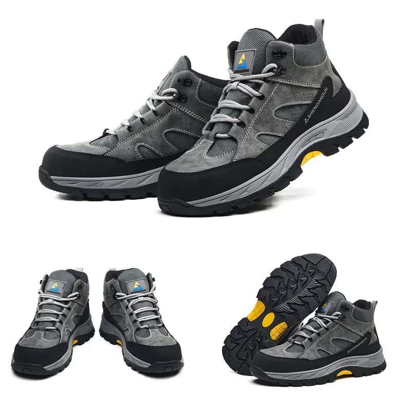 Shenganton Men's Korean Preppy Patchwork Lace-Up Round Toe Steel Toe Work Safety Boots, Puncture-Safe, Breathable Non-Slip All-Season Footwear with Durable Rubber Soles for Construction, Warehouse
