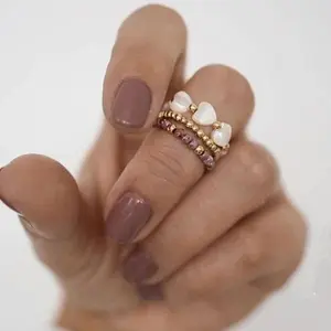 Boho Beaded Stretch Ring Set, Stackable Rings with Heart Shape Shell and  Rhodochrosite Beads