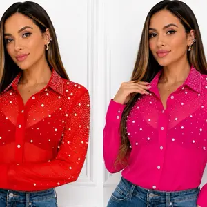 Women's Shapewear Mesh Blouse, Embellished with Jewels and Pearls, Stylish Women's Clothes