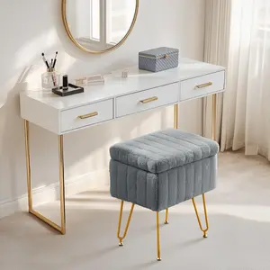 Bougie Vanity Stool with Hidden Storage - Plush Faux Fur Makeup Seat, 19"H Adjustable Anti-Slip Feet, Metal Legs for Bedroom/Dressing Room, Gray