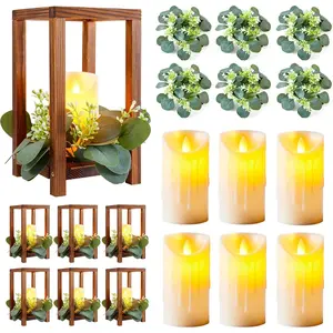 6 set18 pcs wooden wedding lantern centerpiece include 6 wooden lantern candle holder 6 flameless led candle 6 eucalyptus leaves wreath for centerpieces wedding table party farmhouse decor
