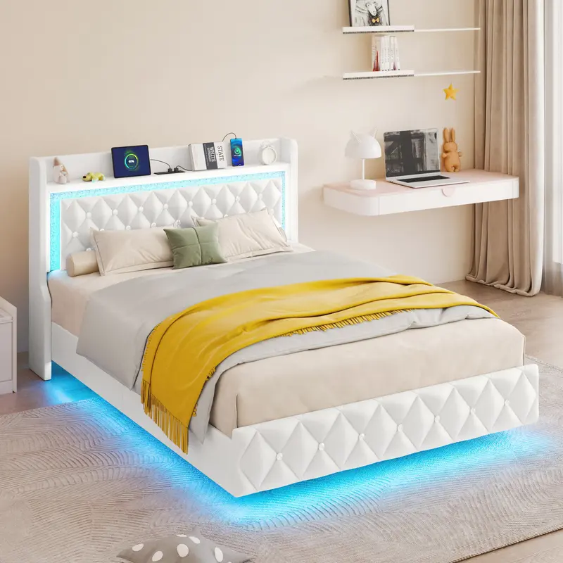 Floating Twin/Full/Queen Bed Frame with LED Light, Upholstered Platform Twin Bed with Charging Station & Wingback, Diamond Tufted Storage Headboard & Footboard, PU Leather, No Box Spring Needed, White/Pink