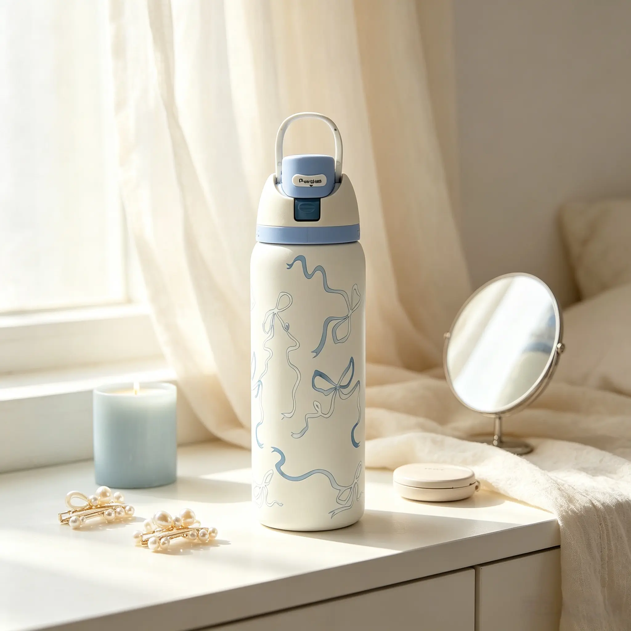 Owala FreeSip 32oz Insulated Stainless Steel Water Bottle - Aesthetic Light Blue Ribbon Bow Print, 24-Hour Cold Retention, Leakproof Flip Lid With Portable Carry Handle, BPA-Free Insulated Travel Tumbler Leakproof Tumbler For School, Travel