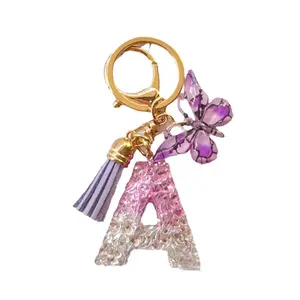 Curved 3D Pattern Grape Purple Color-Block Glitter English Letter Resin Keychain Butterfly Tassel Bag Buy One Get One Random