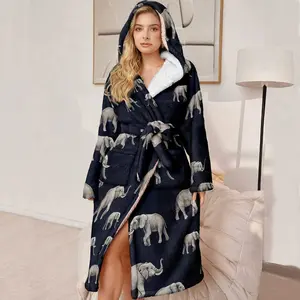 Plus Size Women's Hooded Luxury Bathrobe, Ultra-Comfortable Fleece Robe with Belt and Pockets, Elephant Pattern, Winter Gift for Mom and Wife