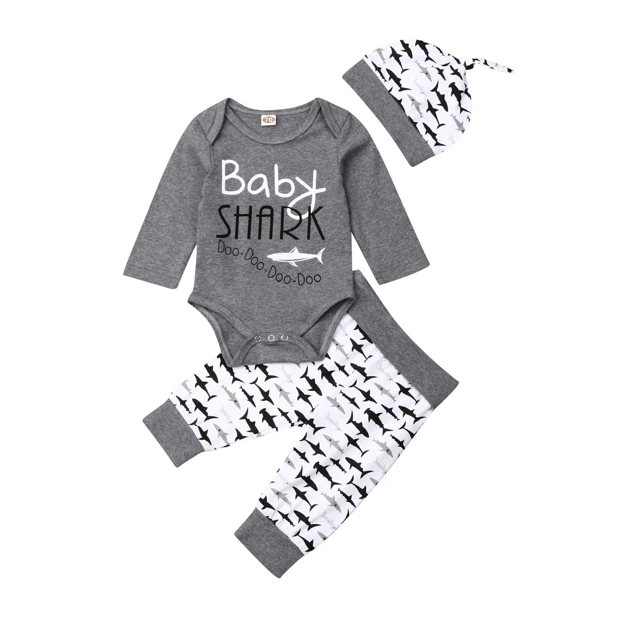 Ma&Baby Fashion Baby Boy Girl Clothes Baby Shark Bodysuits  Rompers Tops Shark Pants+Hat 3PCS Outfits Set