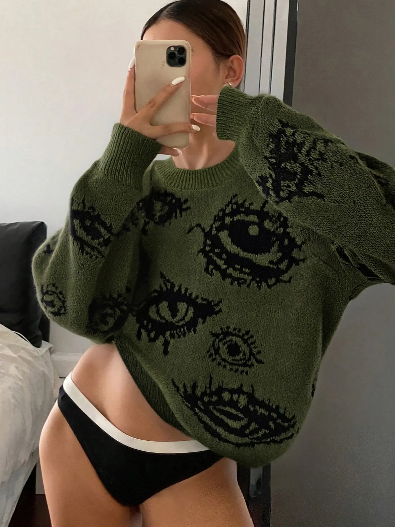 Unisex Vintage Eyeglasses Graphic Sweater, Loose Round Neck Long Sleeve Casual Olive Knitwear, Fall & Winter Warm Wear
