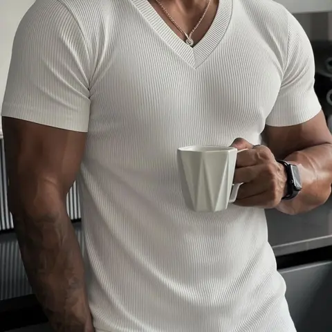 Men's Ribbed V-Neck T-Shirt, Slim Fit Short Sleeve Casual Stretch Athletic Tee, Breathable Stretch Muscle Top, Gym Clothes Workout, Fitness Sport Top for Gym, Workout, Daily Wear & Street Style, Casual Breathable Sportswear, Workout Tops
