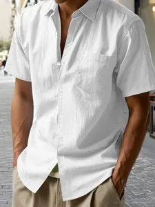 2 pcs Men's Solid Color Linen Short Sleeve Shirt  | Breathable & Comfortable Fit with Chest Pocket & Button Lapel | Summer Casual Style for Outdoor, Beach, and Daily Wear
