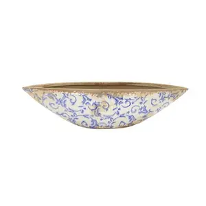 Nearly Natural  13 in. Tuscan Ceramic Scroll Decorative Bowl, Green & Blue