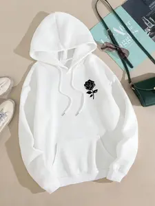 Women's Floral Rose Print Drop Shoulder Drawstring Adjustable Hoodie, Fashion Casual Pocket Hooded Sweatshirt for Everyday Outdoor Wear, Women Fall & Winter Clothes
