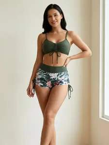 English Version 1: Comfort First High Waisted Ruched Bikini Set with Floral Short - Tummy Control Full Coverage Two Piece Swimsuit for Women Resort Wear