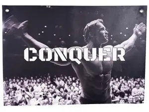 Arnold Schwarzenegger Conquer Banner – Motivational Gym Wall Poster – 13oz Durable Vinyl with 4 Corner Grommets – Inspirational Bodybuilding Decor for Home Garage or Fitness Studio – 30x21 Inches Horizontal Design