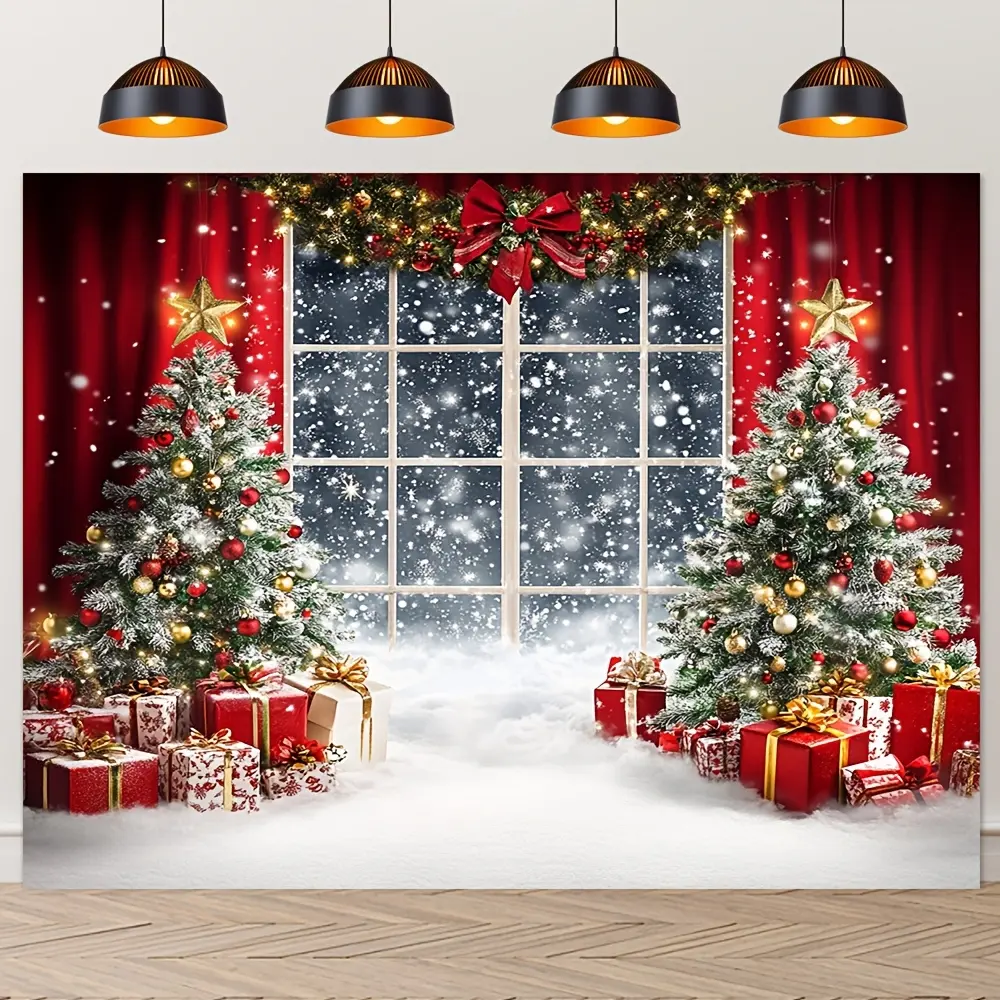 [Christmas Backdrop] Polyester Festive Christmas Window Scene Backdrop - No Electricity Needed - Christmas Party Background - Portrait Studio Prop for Xmas Celebrations - 1pc Banners Ornaments