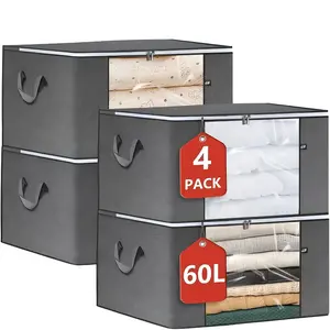 4 Pack Large Clothes Storage Bags Zippered - Clear Window Reinforced Handle Foldable Blanket Pillow Organizers, Space Saving for Home Dorm Travel Under Bed