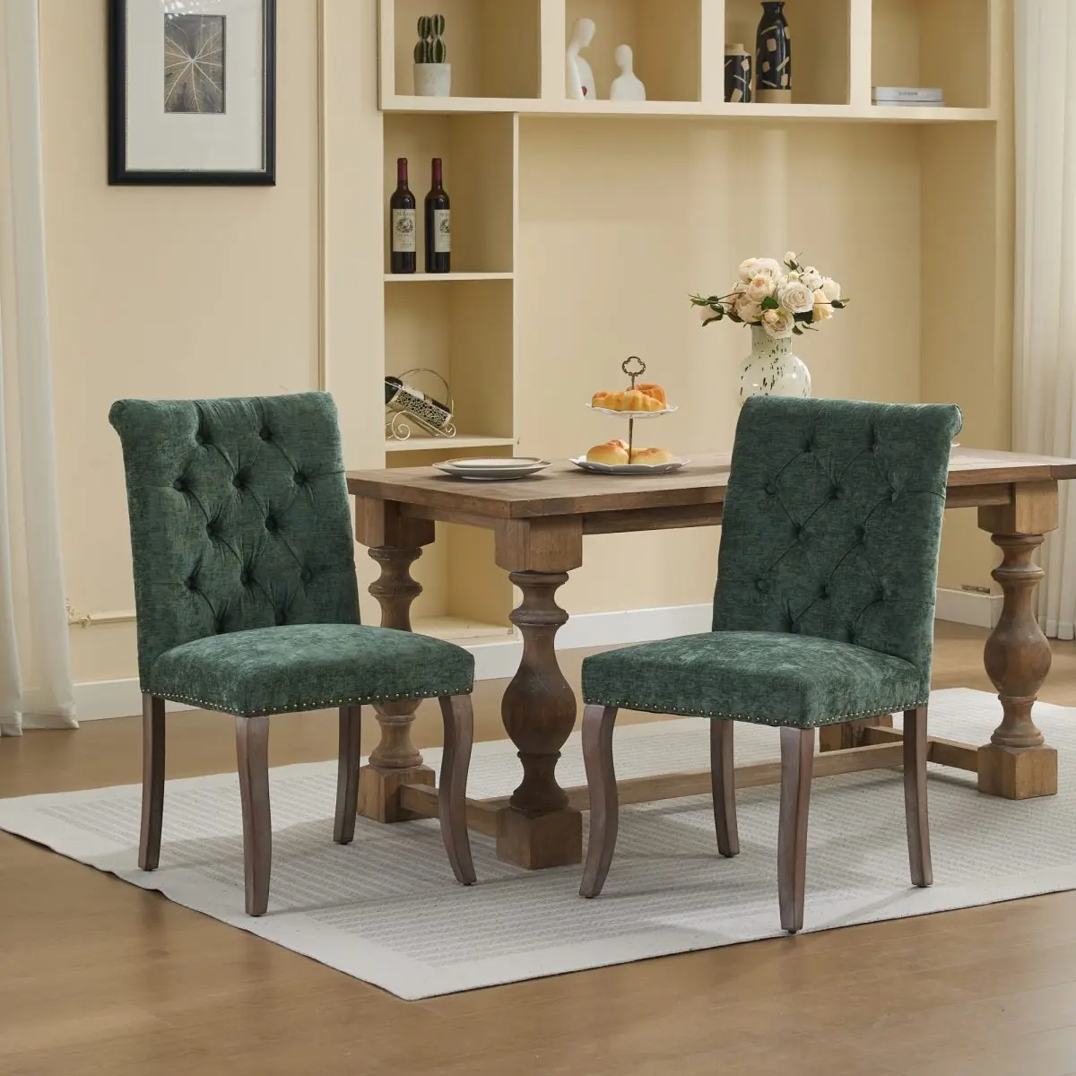 Upholstered Chenille Fabric Accent Dining Chair, Curved Solid Wood Legs, Elegant Tufted Club Dining Room Kitchen Room Dining Chair, Set of 2,Olive Green,SW1894OL