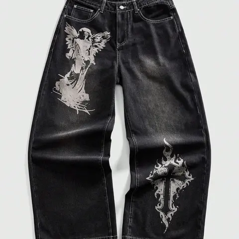 American Street Style Angel & Christ Cross Print Straight-Leg Denim Jeans, Casual Streetwear Jeans, Men's High-End Loose-Fit Long Pants, Trendy & Cool Streetwear