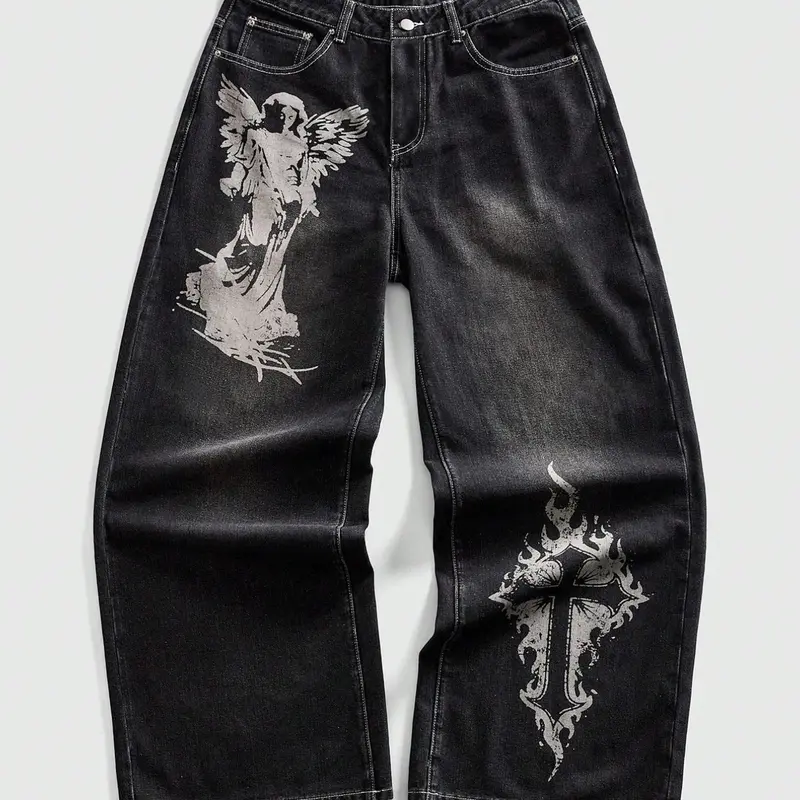 American Street Style Angel & Christ Cross Print Straight-Leg Denim Jeans, Casual Streetwear Jeans, Men's High-End Loose-Fit Long Pants, Trendy & Cool Streetwear