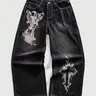 American Street Style Angel & Christ Cross Print Straight-Leg Denim Jeans, Casual Streetwear Jeans, Men's High-End Loose-Fit Long Pants, Trendy & Cool Streetwear