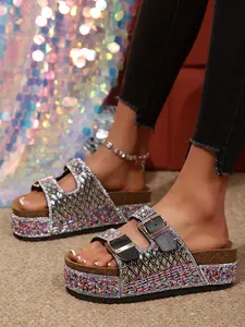 Women's Boho Style Sandals, Adjustable Strap, Thick Sole, PU Material, Rubber Sole, Plain Pattern, Less Than Ankle Height, Footwear